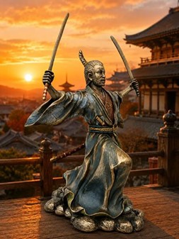 SAMURAI FIGUR. Bronze skulptur af japansk kriger med to sværd