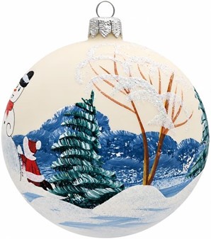 Julekugle glas i hvid mat og et vinterlandskab med en snemand. Ø 10 cm