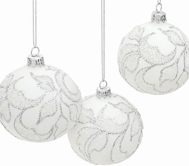 Polske hvide julekugler dekoreret med blade i sølvglitter. 8 cm/6 stk