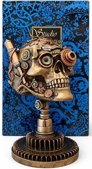 FIGURER STEAMPUNK. Unik bronzefigur af kranium på kædehjul stativ