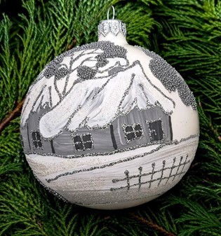 Julekugler med motiv. Sølv hytter på gennemsigtigt glas, Ø 10 cm 6 stk