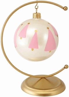 Polsk, glas julekugle i porcelæn hvid med lyserøde træer. 8 cm. 6 stk