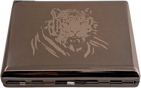 Metal Cigarettetui med Lighter. Tigerdesign, rød flamme. Til 20 stk