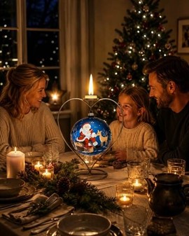 Stor julekugle i blå mat farve med julemand og en lille hjort. Ø 15 cm