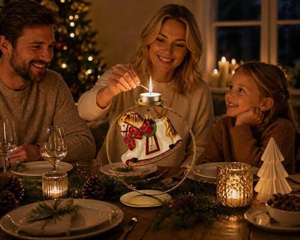 SPECIELLE JULEKUGLER. Glas hvid gyngehest med rød sløjfe. 14,5 cm