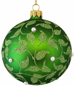 Billige grønne glas julekugler med et plantemotiv, Ø 10 cm 6 stk