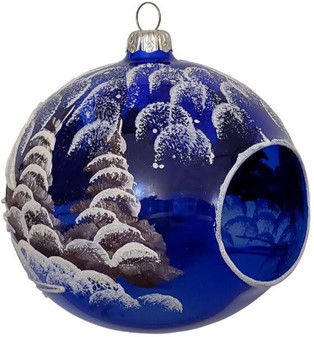 Jule glas lanterne i blå gennemsigtig mat med vinterhytter. Ø 12 cm
