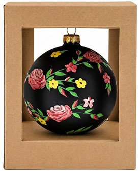 Polsk glas julekugle i sort mat med lyserød blomsterdekoration. 12 cm