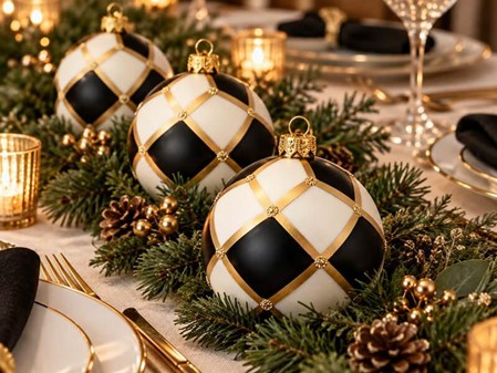 Julens sort-hvide poesi. Håndlavede skakmønstrede glas julekugler