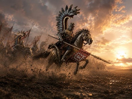 Udsøgt bronze figur af Hussar, polsk kriger på heste. God gave til ham