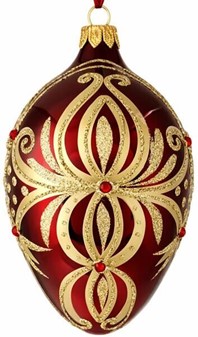 Smuk, glas julepynt i vin rød Fabergé æg form. Julefigur H: 13 cm