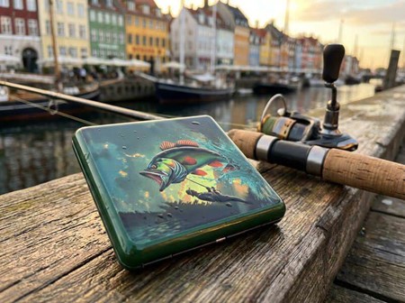 Cigaret etui Metal til Fisker. Gaveidé med detaljeret fiskerimotiv