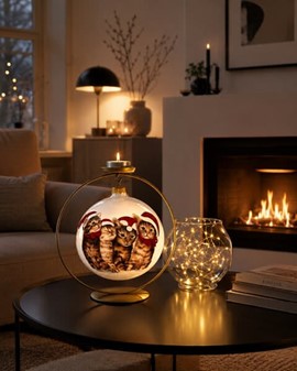KATTE JULEPYNT. Stor julekugler i hvid med fire katte. Ø 15 cm
