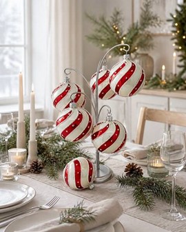 Magiske julekugler i glas. Håndlavet elegance i rødt og hvidt. Ø 8 cm
