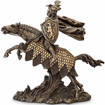 Majestætisk bronzefigur af middelalder ridder på hest. Til stuepynt