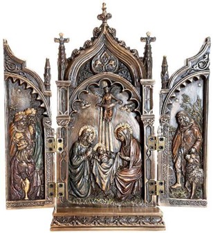 Foldbart helligt kunstværk. Triptykon i bronze til juledekoration