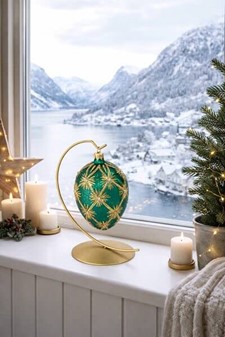 Håndmalet jule glas pynt i grøn Fabergé æg form. Julefigur H: 13 cm