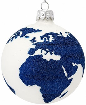 Polske julekugler i hvid med et marineblåt glitter verdenskort. Ø 8 cm