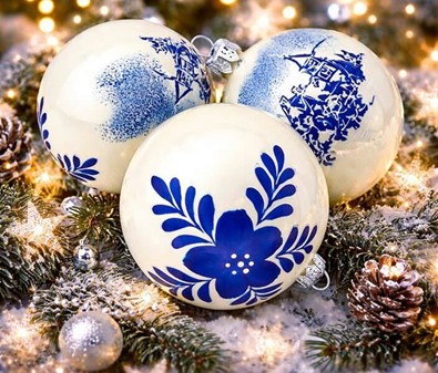 Polske, glas julekugler i porcelænhvid med blåt landskab. 8 cm. 6 stk