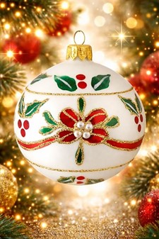 Mundblæst glas julepynt. Julekugler i porcelæn hvid med rød blomst