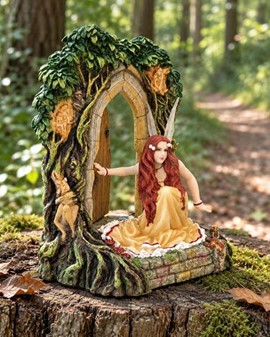 Magisk Fe-Statuette. Polyresin Figur af Smuk Fe ved Lysende Skovdør