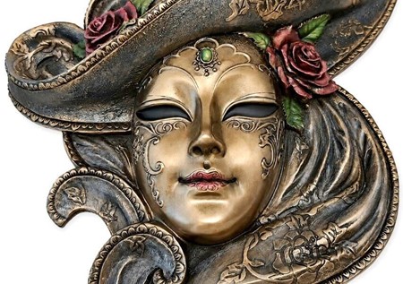 VÆGPYNT. Bronze venetiansk maske med roser. Perfekt bryllupsgave ideer