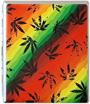 Cigaret etui metal med levende Rasta farver og cannabis blade