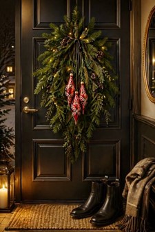 Julepynt, glas istapper i rød blank med guld og grøn dekoration. 13 cm