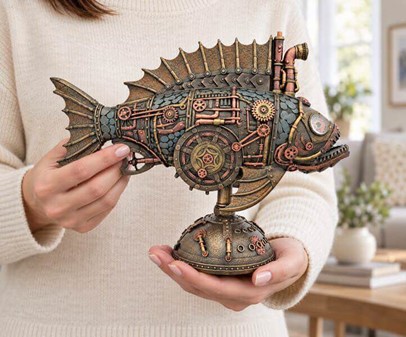 Unik Steampunk Dybhavsfisk med Mystisk Lys. Dekorationsfigur i bronze