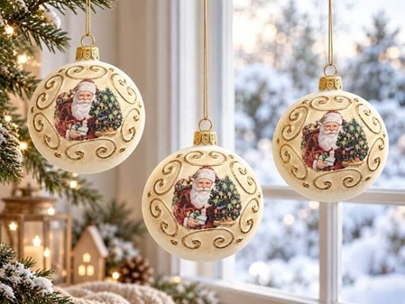 Nostalgisk julepynt: Hvide julekugler med julemand. Ø 8 cm, 6 stk