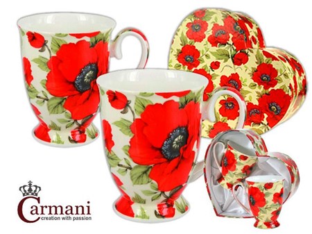 PORCELÆN KRUS. To flotte kopper med røde valmuer til valentinsdag gave