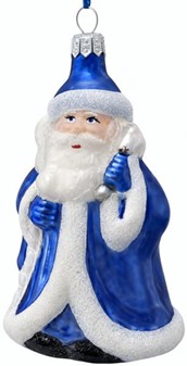 Julepynt online shop. Polsk glas figur af julemand i blå pels. H 11 cm