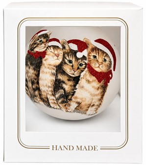 KATTE JULEPYNT. Stor julekugler i hvid med fire katte. Ø 15 cm