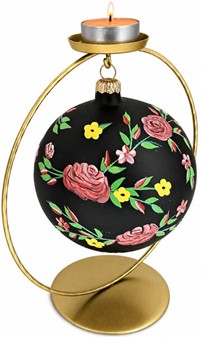 Polsk glas julekugle i sort mat med lyserød blomsterdekoration. 12 cm