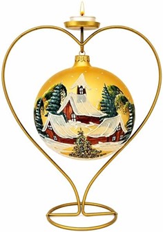 Stor julglaskugle fra Polen i blank guld og et vinterlandskab. Ø 15 cm