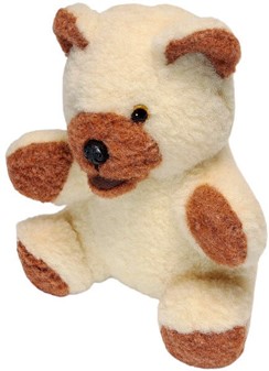 GAVER TIL BØRN. Dejlig og blød, uld maskot af siddende Bamse. H 35 cm