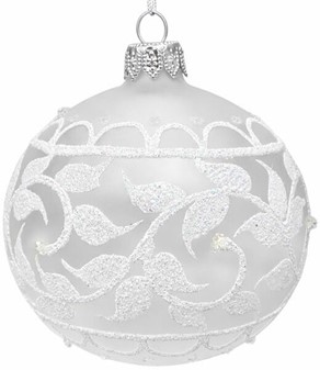 Smukke hvide juletræskugler dekoreret med hvid glitter, Ø 8 cm 6 stk