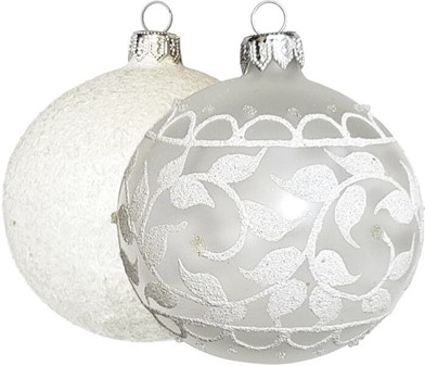 Smukke hvide juletræskugler dekoreret med hvid glitter, Ø 8 cm 6 stk