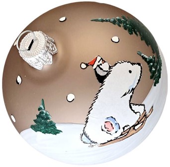 Sjove julekugler i mørkegrå med en hvid bjørn på kælk. Ø 8 cm, 6 stk