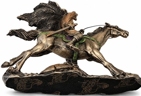 Viking på Hest i Kamp. Lille bronzefigur - en miniature saga