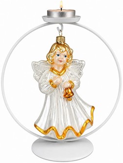 Jule glas figur fra Polen. Sød engel i hvid med klokke. H: 16 cm