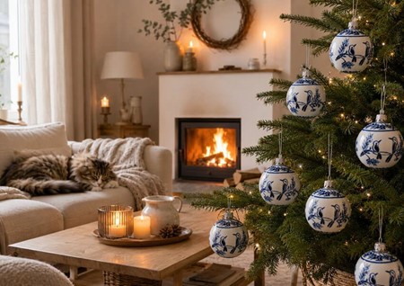 Unikke håndmalede julekugler i porcelæns-look med blå fugle. 8cm, 6stk
