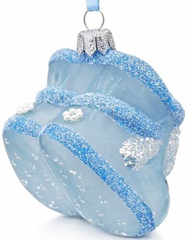 Julekugler fra Polen. Rigt dekoreret baby sko i mat blå glas, H 10 cm