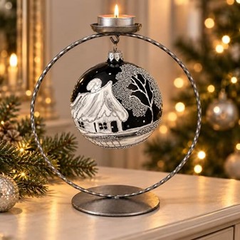 Sort glas julekugler fra Polen med sølve vintermotiver, Ø 10 cm 6 stk