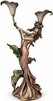 GOD BRYLLUPSGAVE. Art Nouveau lysestage - figur, en kvinde med lilje