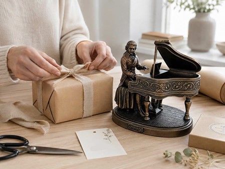 STUE INDRETNING. Unik og realistisk skulptur af Mozart ved klaveret