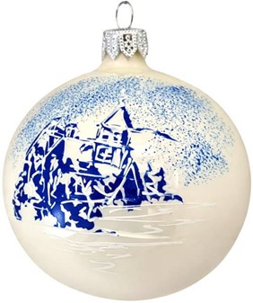 Polske, glas julekugler i porcelænhvid med blåt landskab. 8 cm. 6 stk