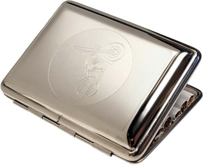 Lille metal cigaretetui med en indgraveret Harley Davidson motorcykel