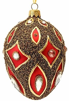 Smukt rigt dekoreret julepynt, polsk rød glas æg a la Fabergé. 13 cm