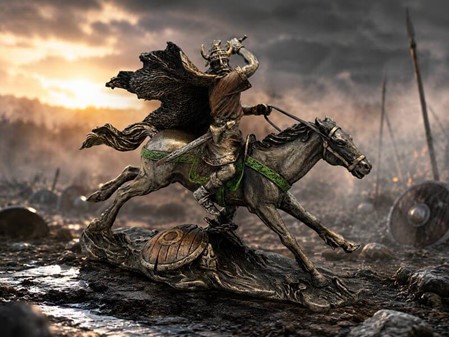 Viking på Hest i Kamp. Lille bronzefigur - en miniature saga